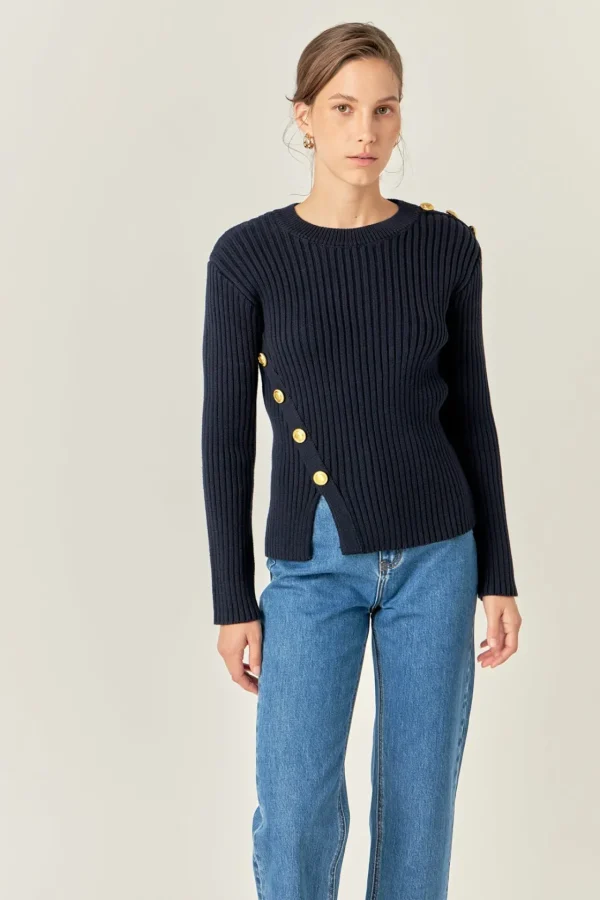 ENGLISH FACTORY Tops*- Gold Button Detailed Knit Top NAVY