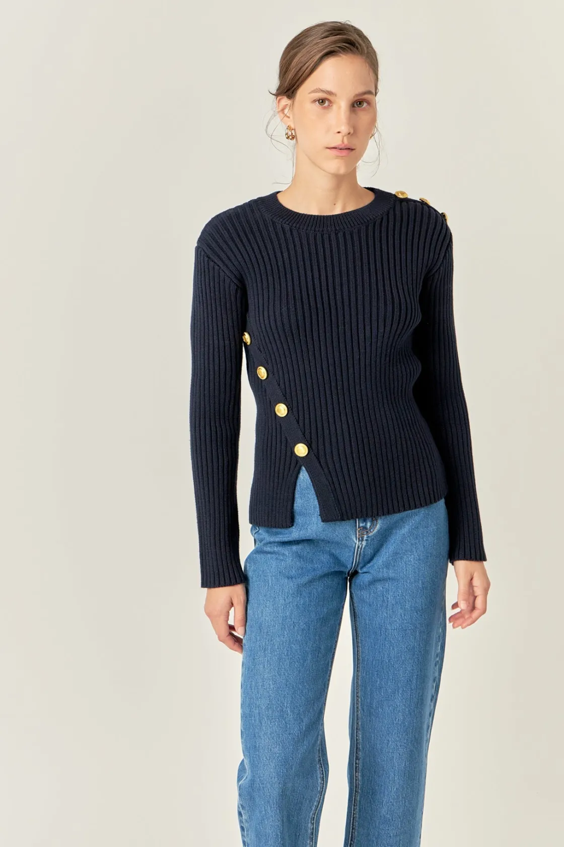 english_factory__gold_but_3-1.webp ENGLISH FACTORY Tops*- Gold Button Detailed Knit Top NAVY