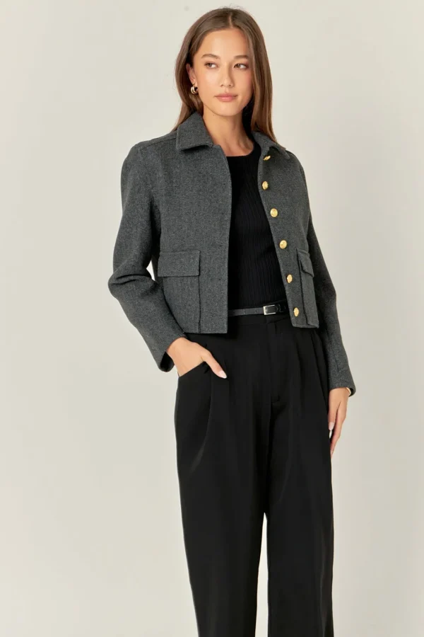 ENGLISH FACTORY Jackets & Coats | Tops*- Gold Button Cropped Jacket CHARCOAL