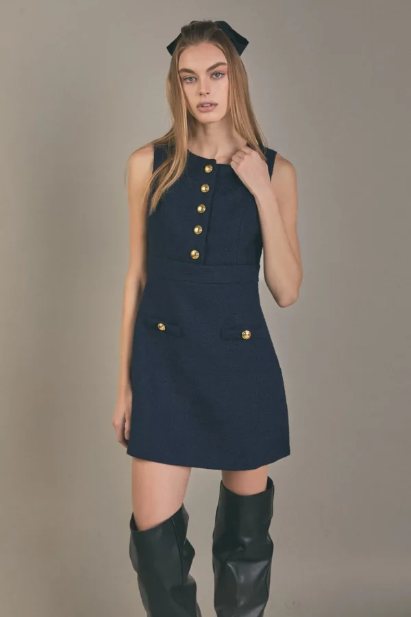 ENGLISH FACTORY Matching Sets | Tops*- Gold Button Pointed Tweed Dress NAVY
