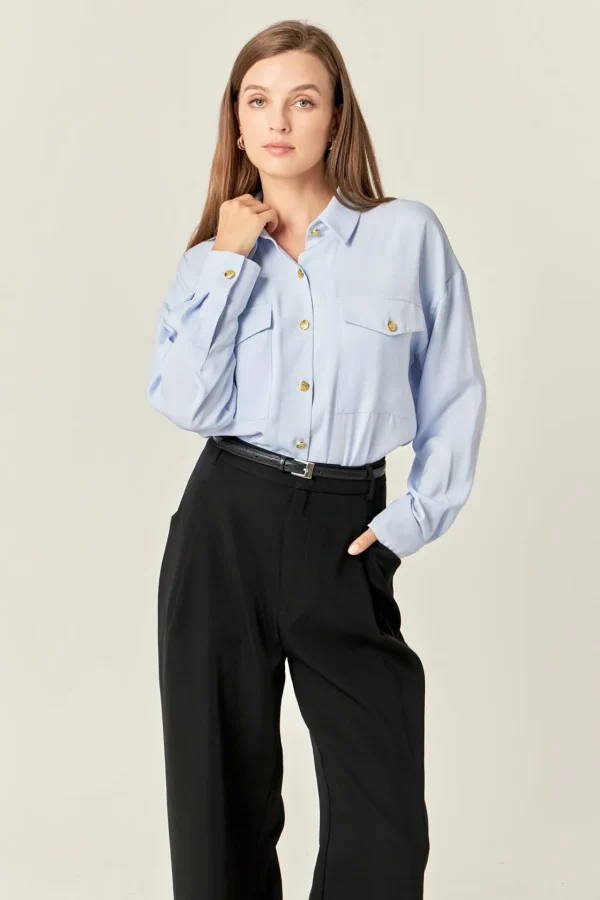 ENGLISH FACTORY Tops*- Gold Button Shirt Blouse POWDERBLUE