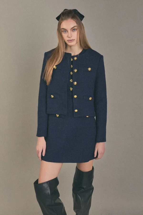 ENGLISH FACTORY Matching Sets | Jackets & Coats*- Gold Button Pointed Tweed Jacket NAVY