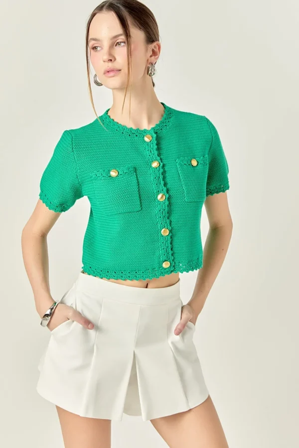 ENGLISH FACTORY Sweaters & Knits | Tops*- Gold Button Textured Cardigan GREEN