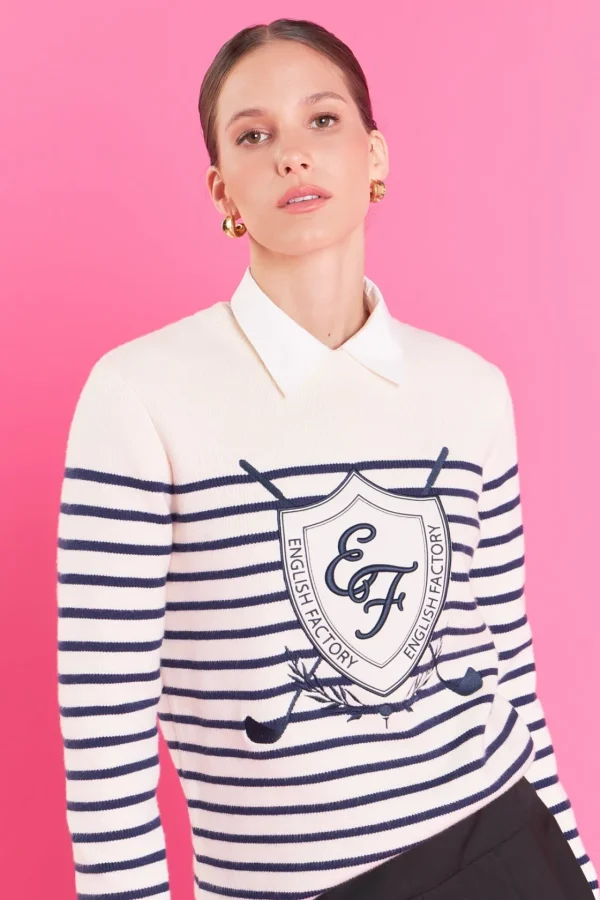 ENGLISH FACTORY Sweaters & Knits | Tops*- Golf Striped Knit Top NAVY/WHITE