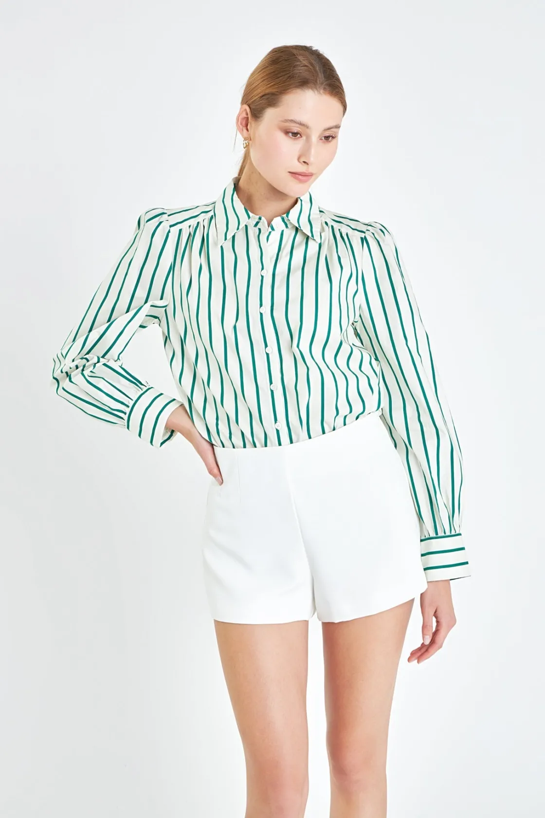 english_factory__green_st_3.webp ENGLISH FACTORY Shirts & Blouses | Tops*- Stripe Button Front Shirt GREEN
