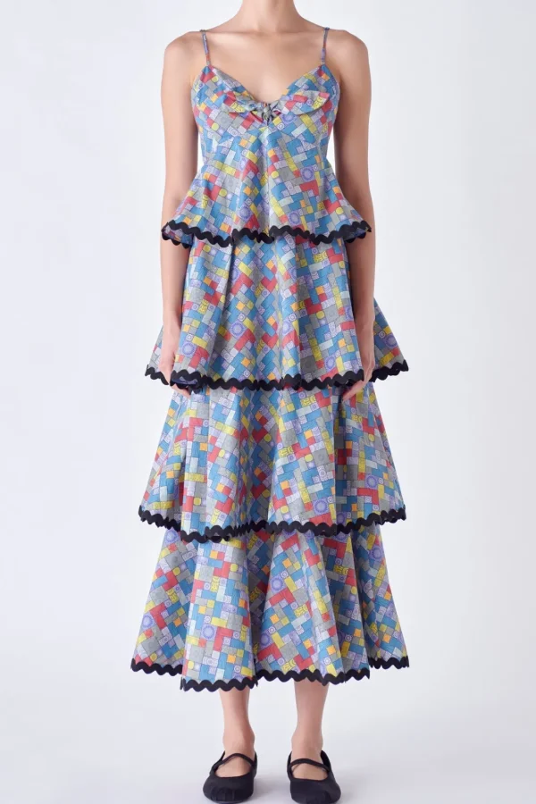 ENGLISH FACTORY Tops*- Grid Print Tiered Maxi Dress with Ric Rac Trim MULTI