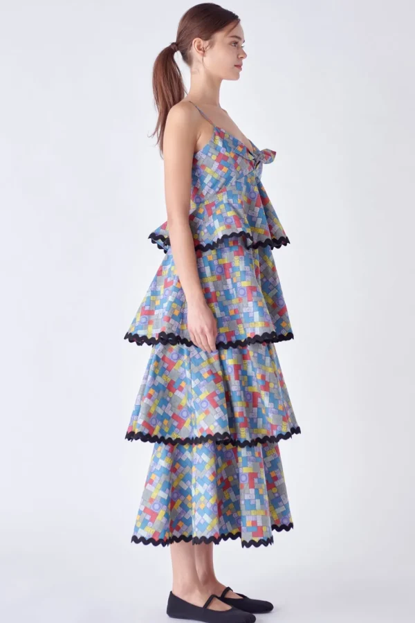 ENGLISH FACTORY Tops*- Grid Print Tiered Maxi Dress with Ric Rac Trim MULTI