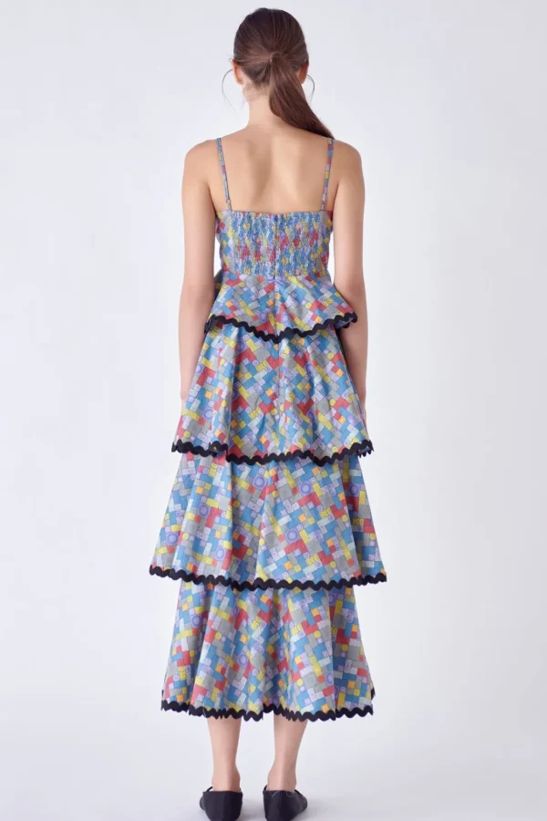 ENGLISH FACTORY Tops*- Grid Print Tiered Maxi Dress with Ric Rac Trim MULTI