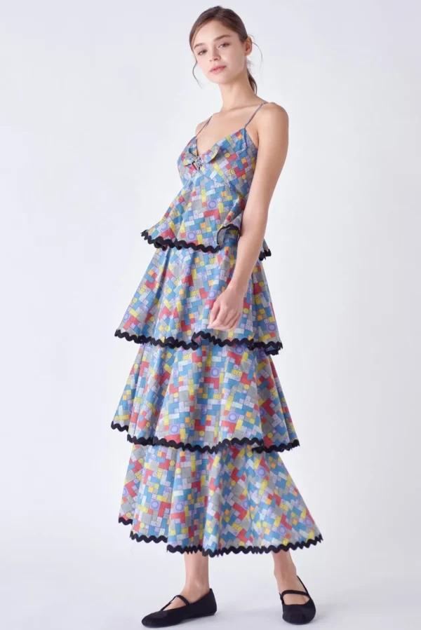 ENGLISH FACTORY Tops*- Grid Print Tiered Maxi Dress with Ric Rac Trim MULTI