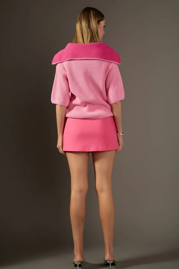ENGLISH FACTORY Tops*- Half Sleeves Collar Knit Top PINK