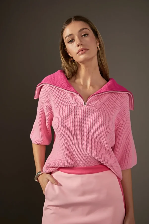 ENGLISH FACTORY Tops*- Half Sleeves Collar Knit Top PINK