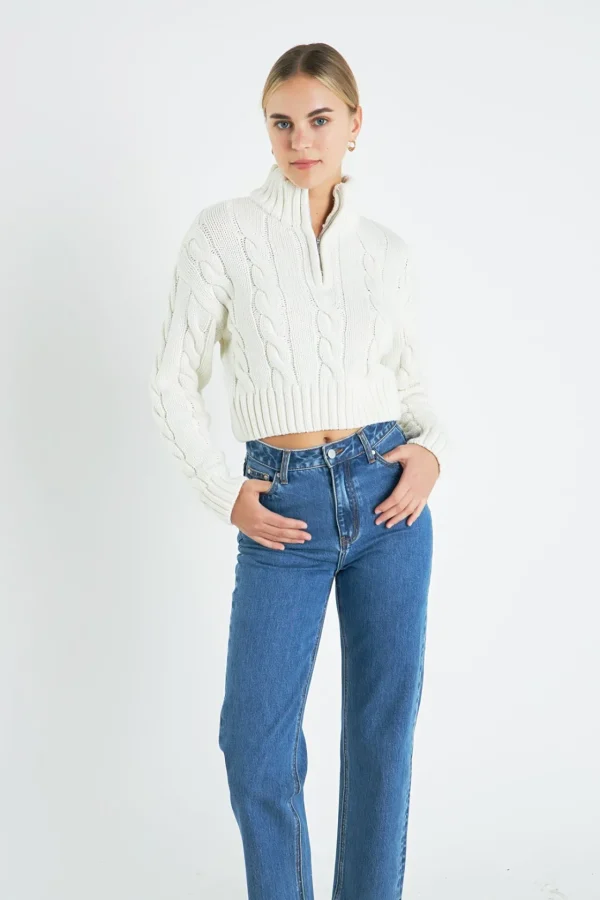 ENGLISH FACTORY Sweaters & Knits | Tops*- Half Zip Up Cable Knit Sweater IVORY