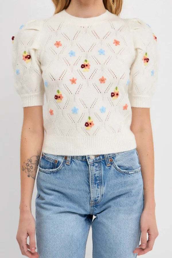 ENGLISH FACTORY Sweaters & Knits*- Handmade Floral Embroidery Sweater CREAM