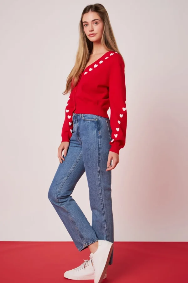 ENGLISH FACTORY Sweaters & Knits*- Heart Contrast Knit Cardigan RED