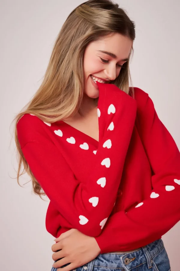 ENGLISH FACTORY Sweaters & Knits*- Heart Contrast Knit Cardigan RED