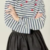 ENGLISH FACTORY Tops*- Heart Embroidered Stripe T-Shirt WHITE/NAVY