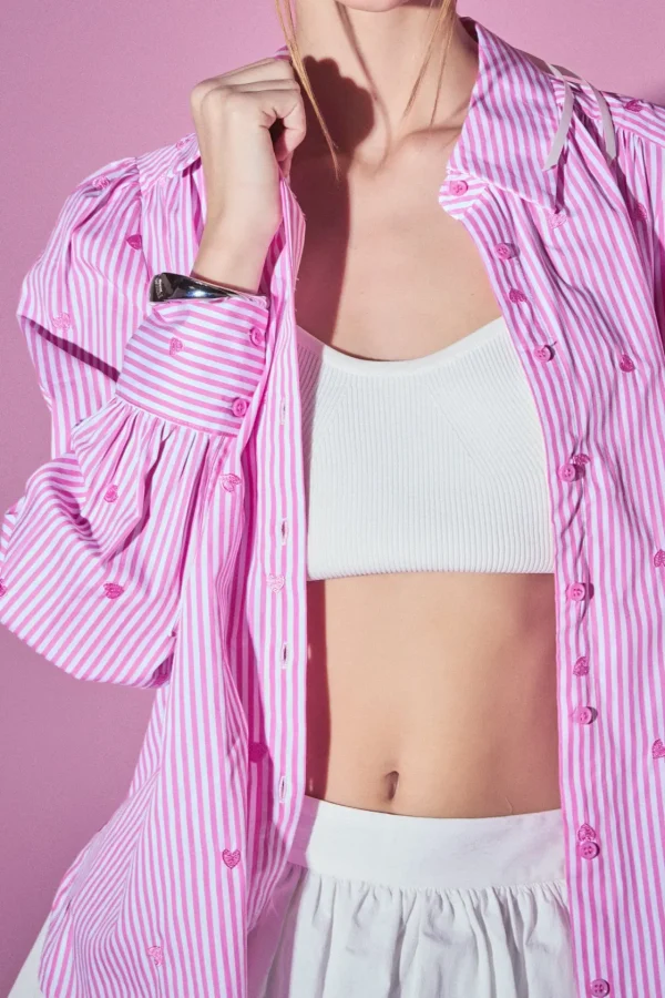 ENGLISH FACTORY Shirts & Blouses | Tops*- Heart Embroidery Stripe Shirt PINK/WHITE