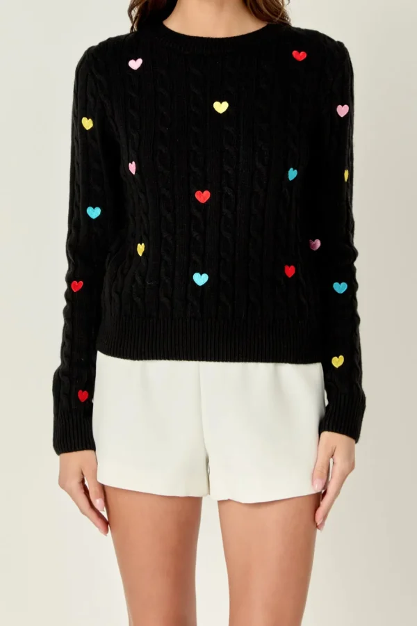 ENGLISH FACTORY Sweaters & Knits*- Heart Embroidery Knit Sweater BLACK