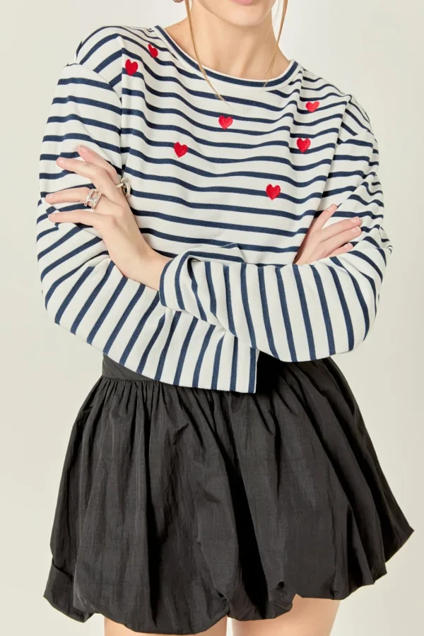 ENGLISH FACTORY Tops*- Heart Embroidered Stripe T-Shirt WHITE/NAVY