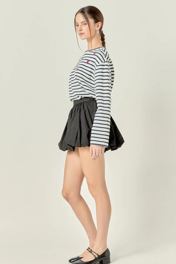 ENGLISH FACTORY Tops*- Heart Embroidered Stripe T-Shirt WHITE/NAVY
