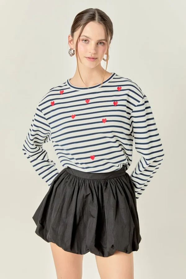 ENGLISH FACTORY Tops*- Heart Embroidered Stripe T-Shirt WHITE/NAVY