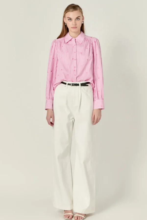 ENGLISH FACTORY Shirts & Blouses | Tops*- Heart Embroidery Stripe Shirt PINK/WHITE