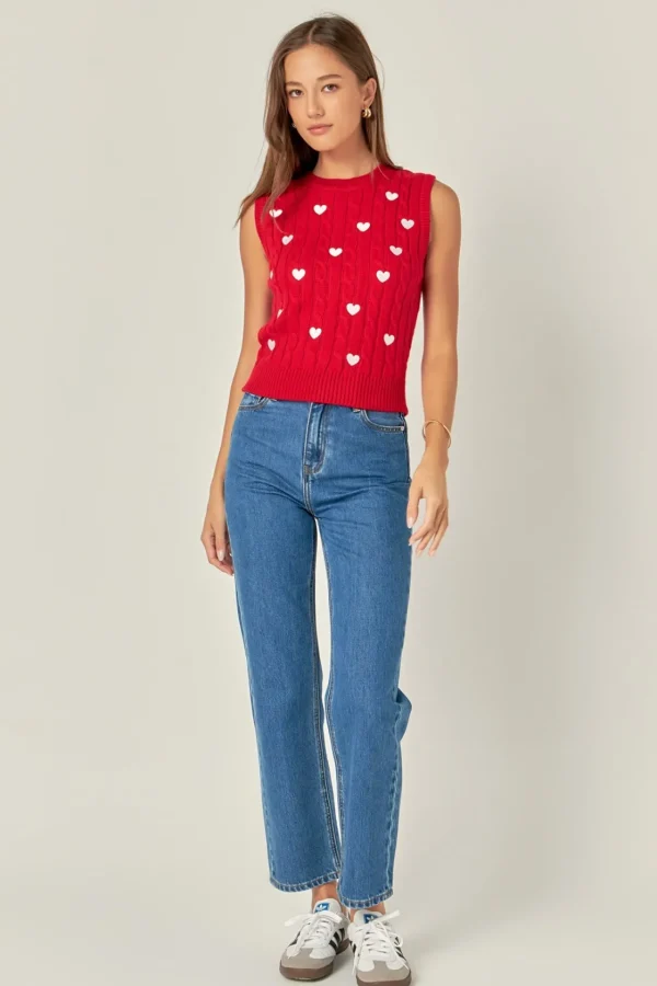 ENGLISH FACTORY Tops*- Heart Embroidery Round Neckline Vest