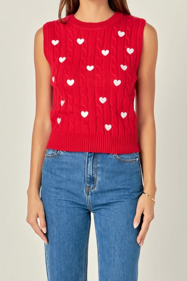 ENGLISH FACTORY Tops*- Heart Embroidery Round Neckline Vest