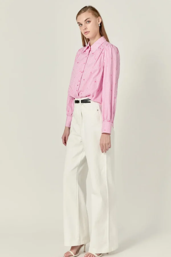 ENGLISH FACTORY Shirts & Blouses | Tops*- Heart Embroidery Stripe Shirt PINK/WHITE