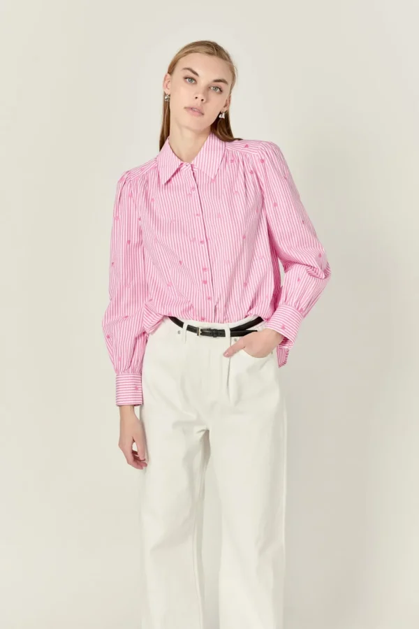 ENGLISH FACTORY Shirts & Blouses | Tops*- Heart Embroidery Stripe Shirt PINK/WHITE