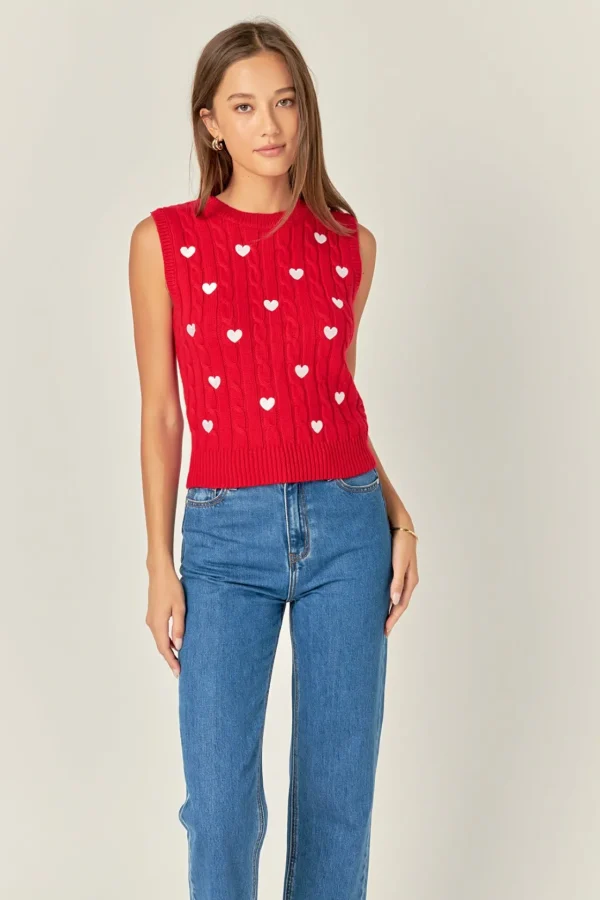 ENGLISH FACTORY Tops*- Heart Embroidery Round Neckline Vest