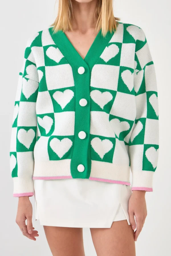 ENGLISH FACTORY Sweaters & Knits | Tops*- Heart Knit Jacquard Cardigan WHITE/GREEN