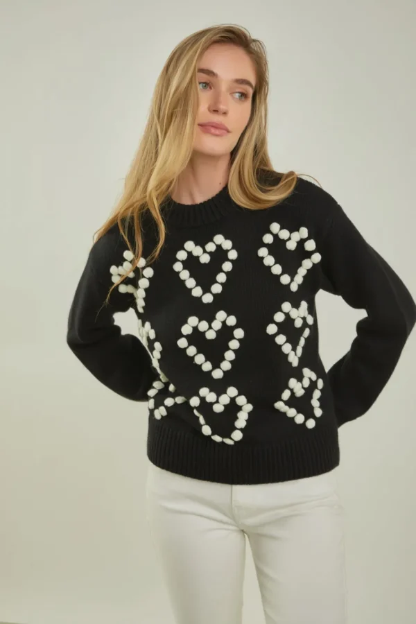 ENGLISH FACTORY Sweaters & Knits | Tops*- Heart Pom Sweater BLACK/IVORY