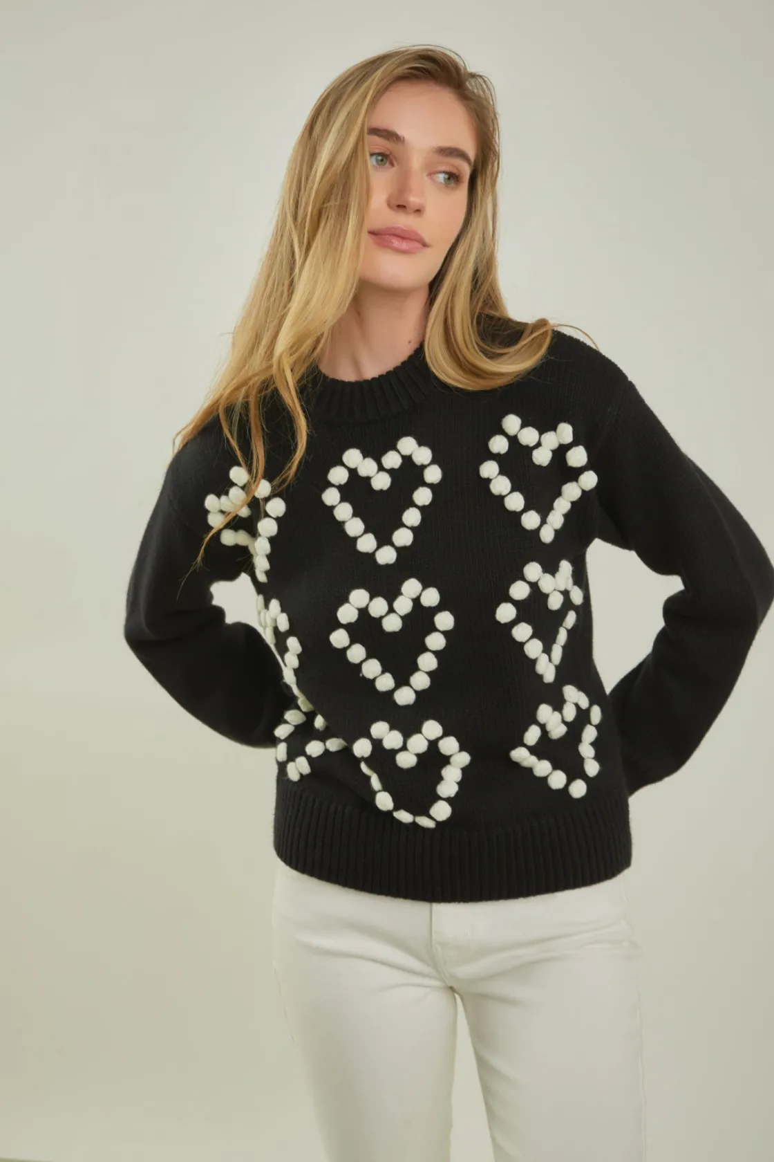 english_factory__heart_po_3.webp ENGLISH FACTORY Sweaters & Knits | Tops*- Heart Pom Sweater BLACK/IVORY