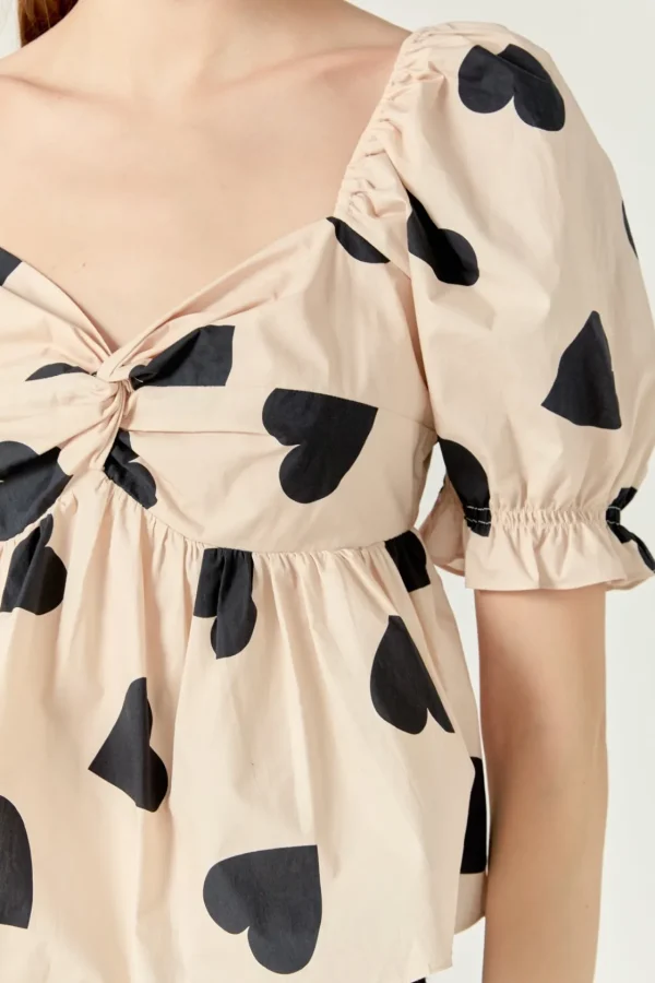 ENGLISH FACTORY Tops*- Heart Shape Puff Sleeve Top BEIGE/BLACK