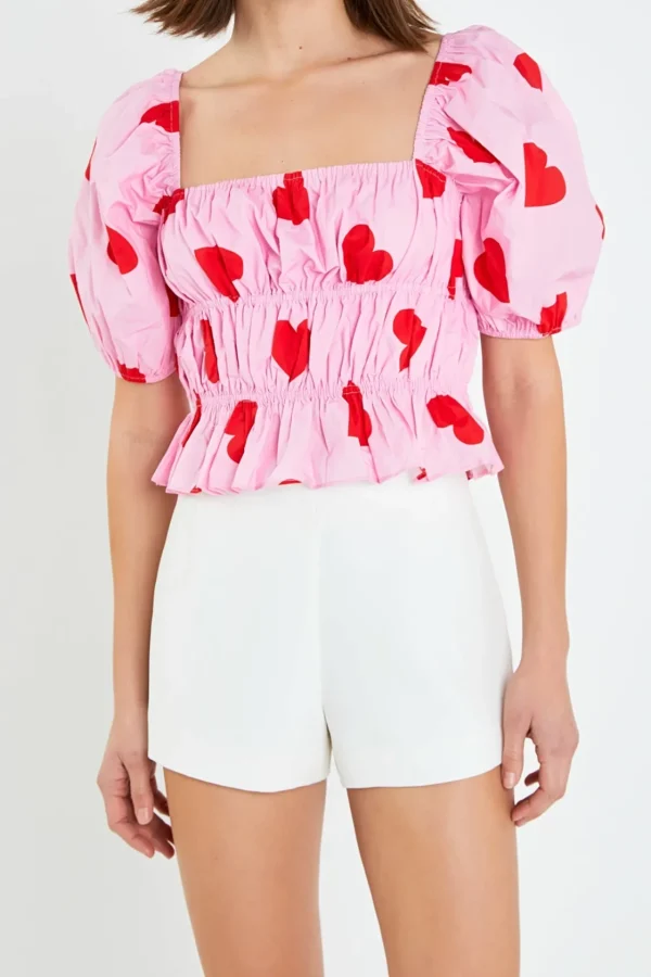 ENGLISH FACTORY Tops*- Heart Shape Shirring Top PINK/RED