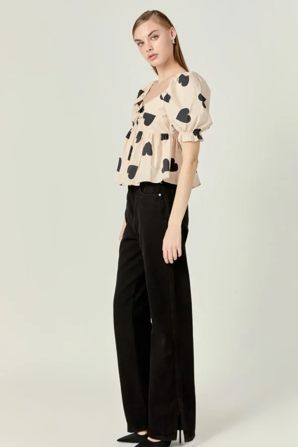 ENGLISH FACTORY Tops*- Heart Shape Puff Sleeve Top BEIGE/BLACK