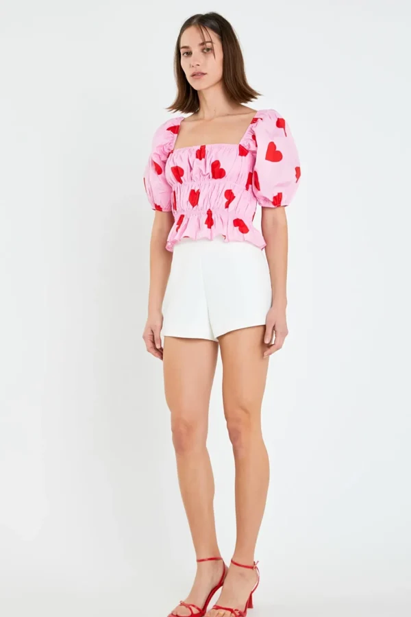 ENGLISH FACTORY Tops*- Heart Shape Shirring Top PINK/RED