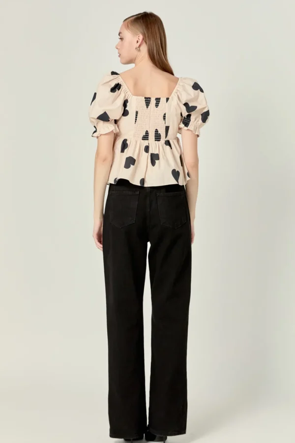 ENGLISH FACTORY Tops*- Heart Shape Puff Sleeve Top BEIGE/BLACK