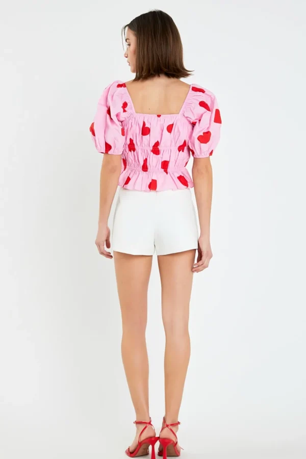 ENGLISH FACTORY Tops*- Heart Shape Shirring Top PINK/RED