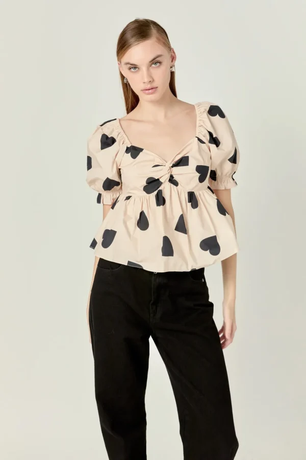 ENGLISH FACTORY Tops*- Heart Shape Puff Sleeve Top BEIGE/BLACK