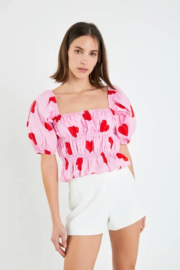 ENGLISH FACTORY Tops*- Heart Shape Shirring Top PINK/RED