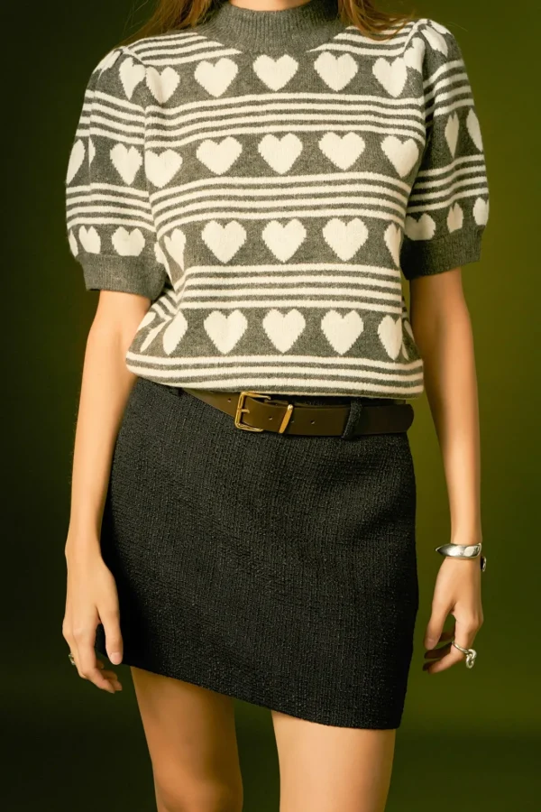 ENGLISH FACTORY Sweaters & Knits | Tops*- Heart Stripe Puff Sleeve Top CHARCOAL/WHITE