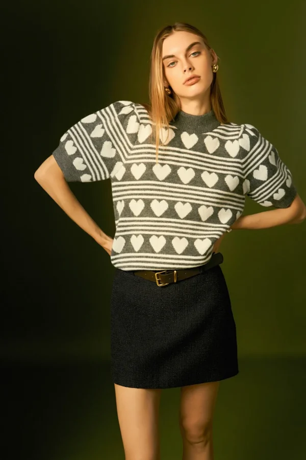 ENGLISH FACTORY Sweaters & Knits | Tops*- Heart Stripe Puff Sleeve Top CHARCOAL/WHITE
