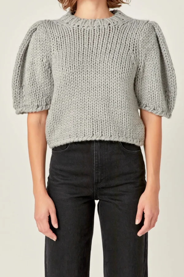 ENGLISH FACTORY Tops*- Heavy Yarn Puff Sleeves Knit HEATHERGREY