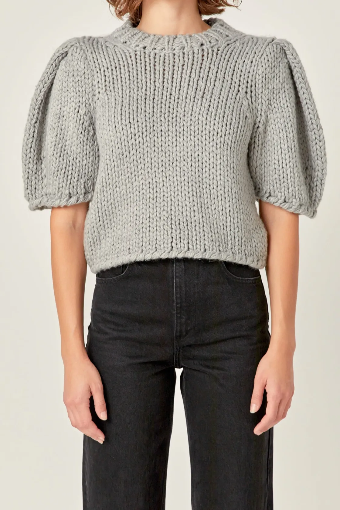 english_factory__heavy_ya_0.webp ENGLISH FACTORY Tops*- Heavy Yarn Puff Sleeves Knit HEATHERGREY
