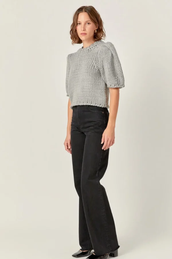 ENGLISH FACTORY Tops*- Heavy Yarn Puff Sleeves Knit HEATHERGREY