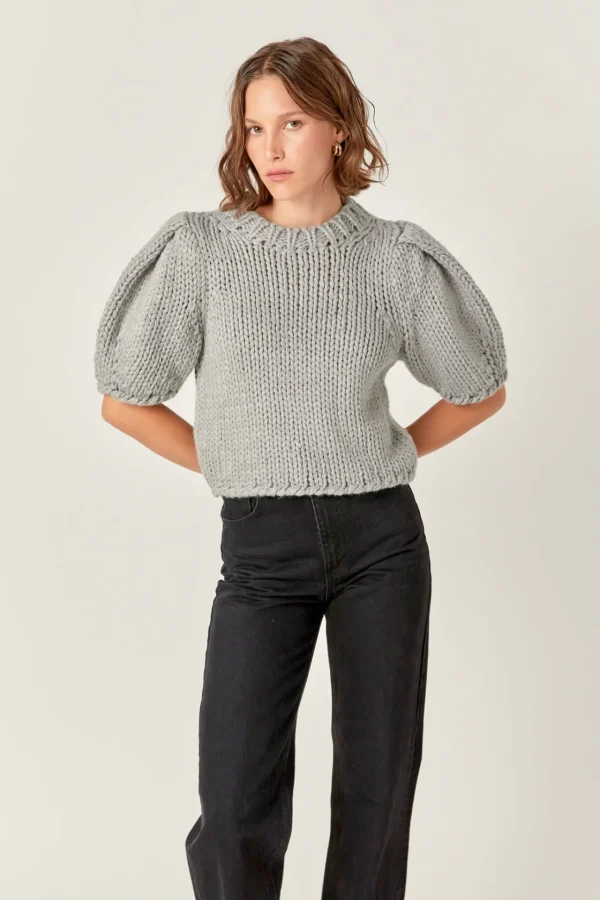 ENGLISH FACTORY Tops*- Heavy Yarn Puff Sleeves Knit HEATHERGREY