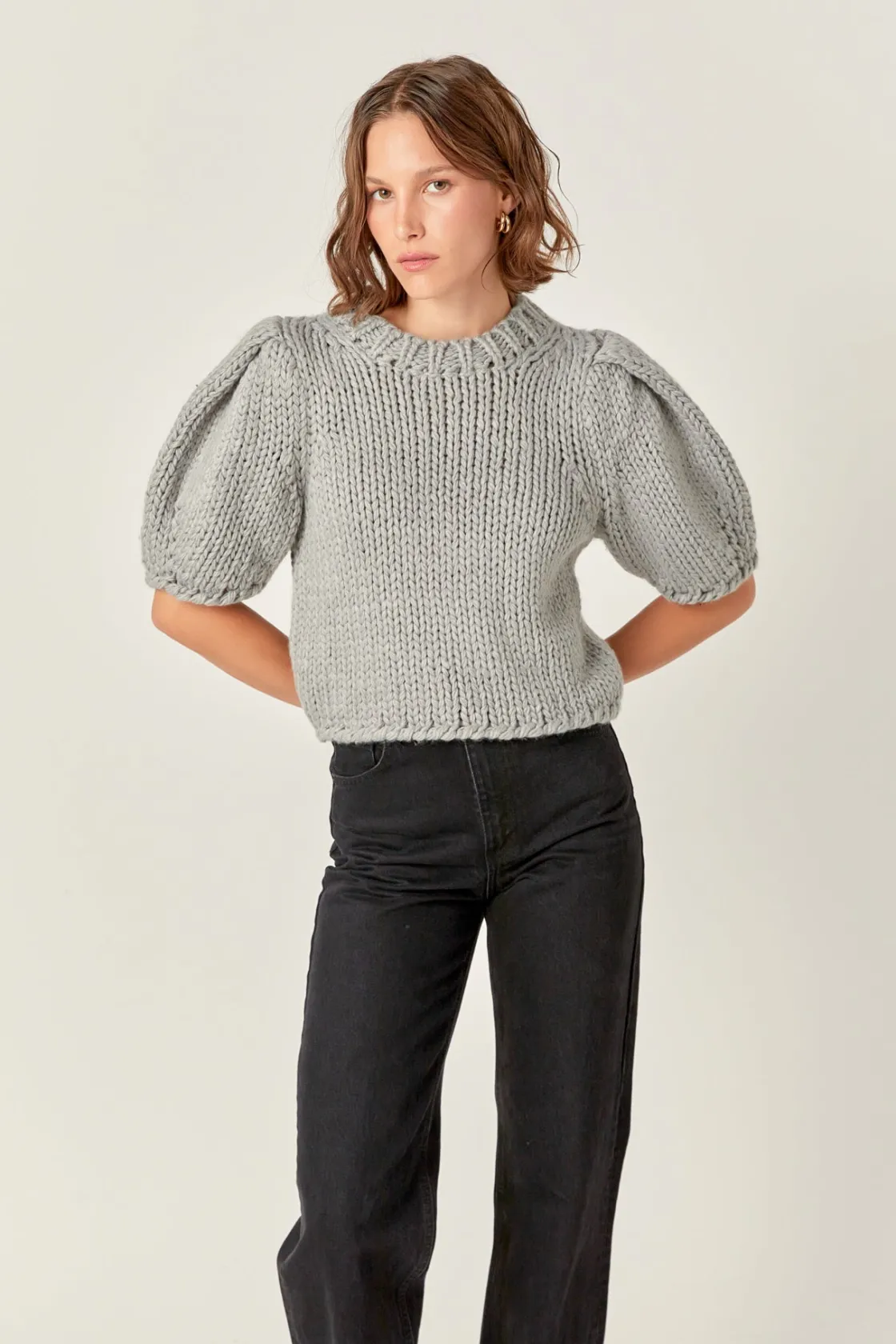 english_factory__heavy_ya_3.webp ENGLISH FACTORY Tops*- Heavy Yarn Puff Sleeves Knit HEATHERGREY