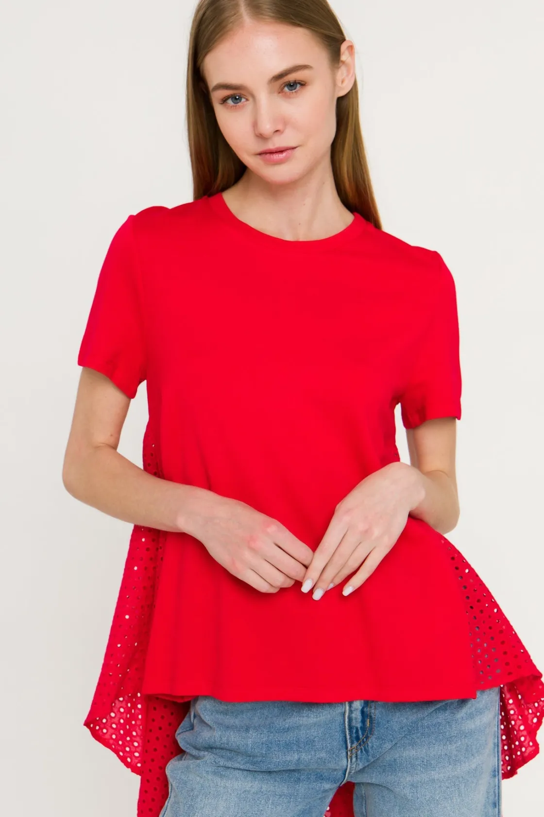 english_factory__high_low_17.webp ENGLISH FACTORY Tops*- High Low T-shirt With Eyelet Peplum